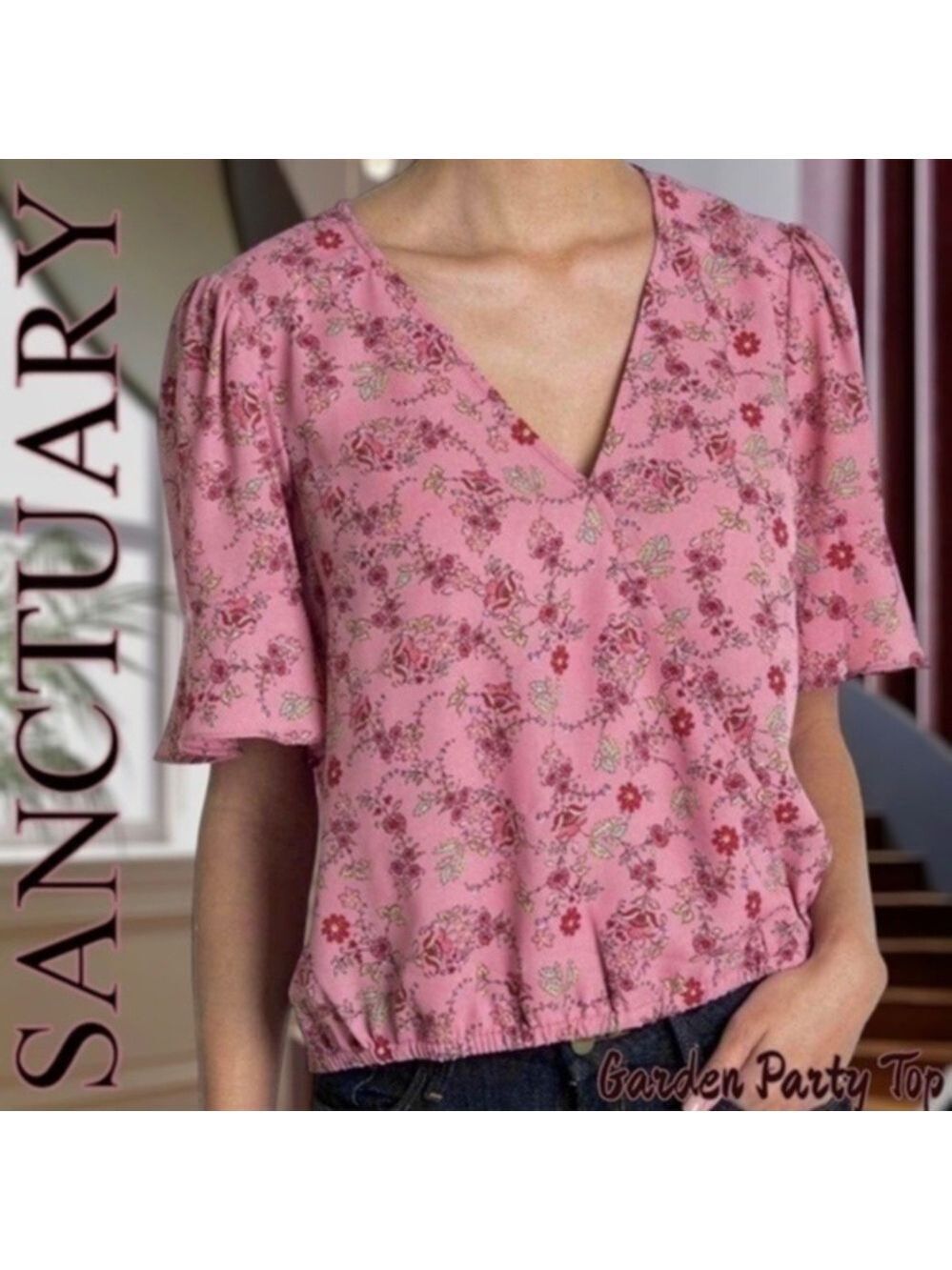 SANCTUARY Garden Party Flutter Sleeve Elasticized Waist Floral Faux Wrap Top